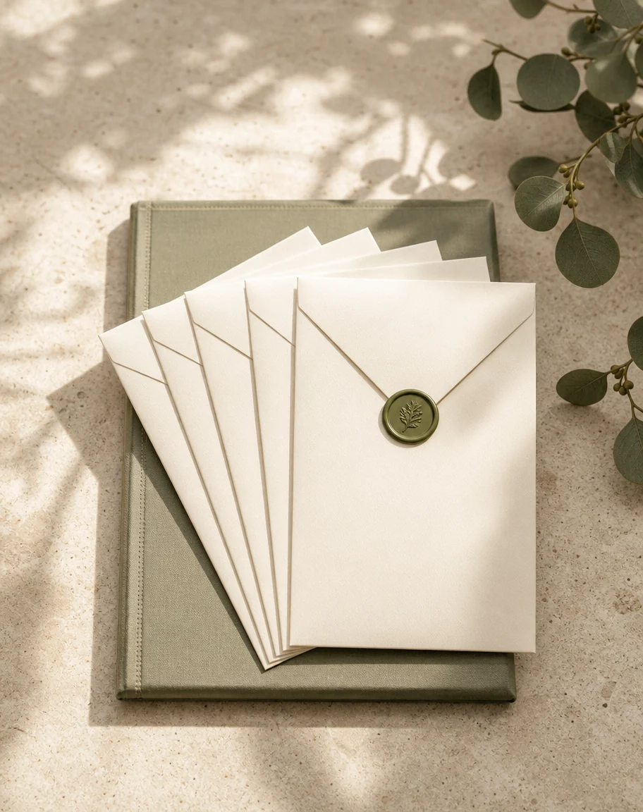 Cream envelopes with an olive wax seal