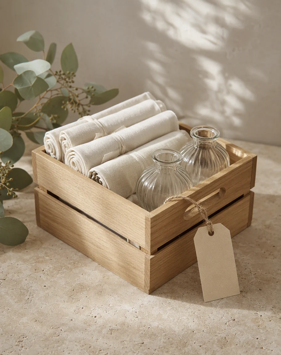 Wooden crate neatly packed with linens and glass vases