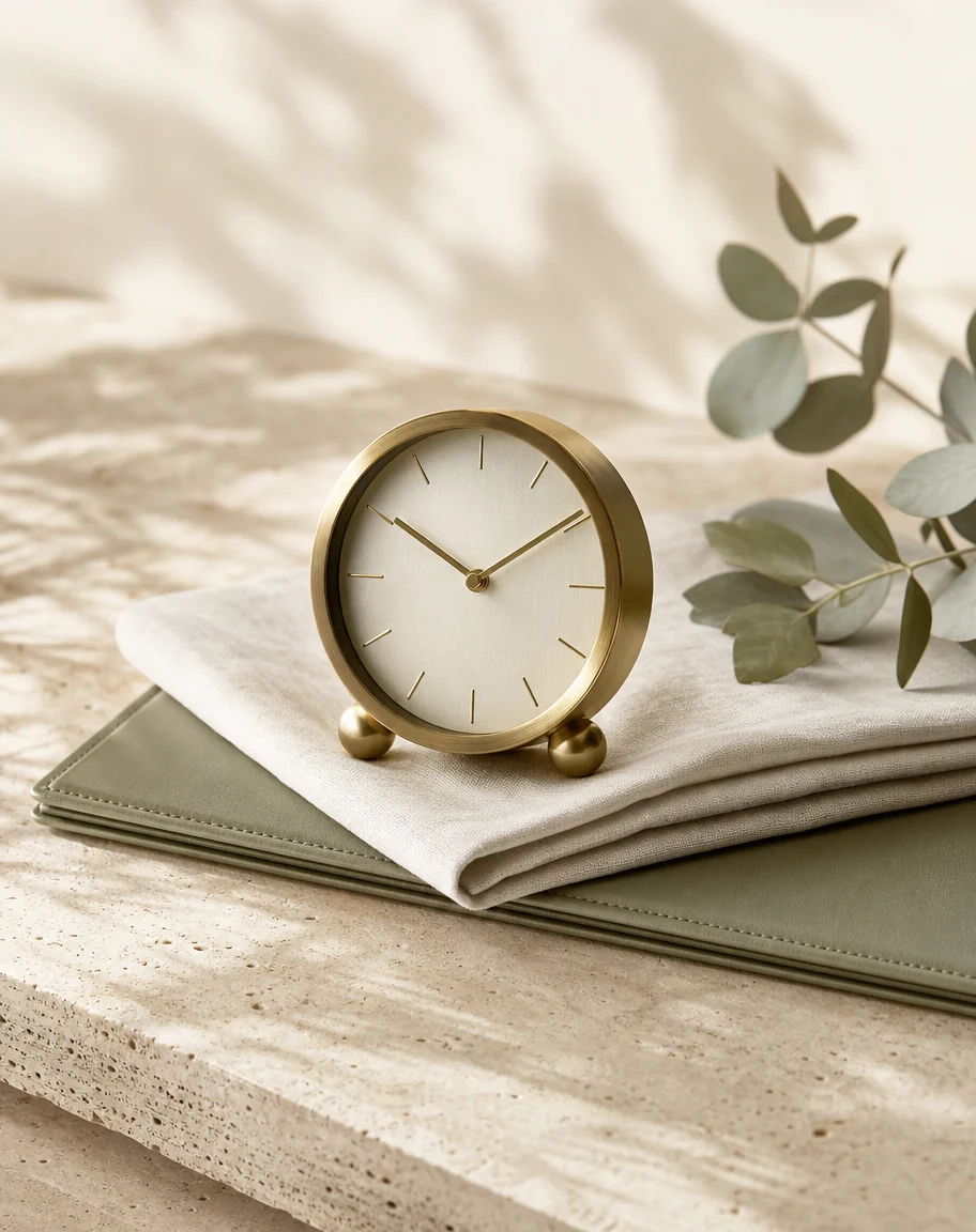 Brass clock on folded linen and a sage folio