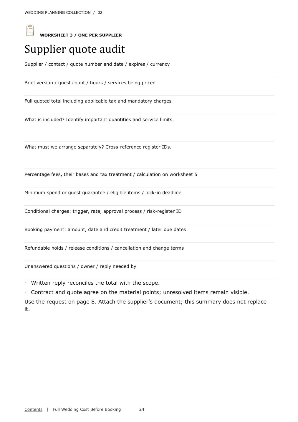 Actual sample page 2 from Full Wedding Cost Before Booking