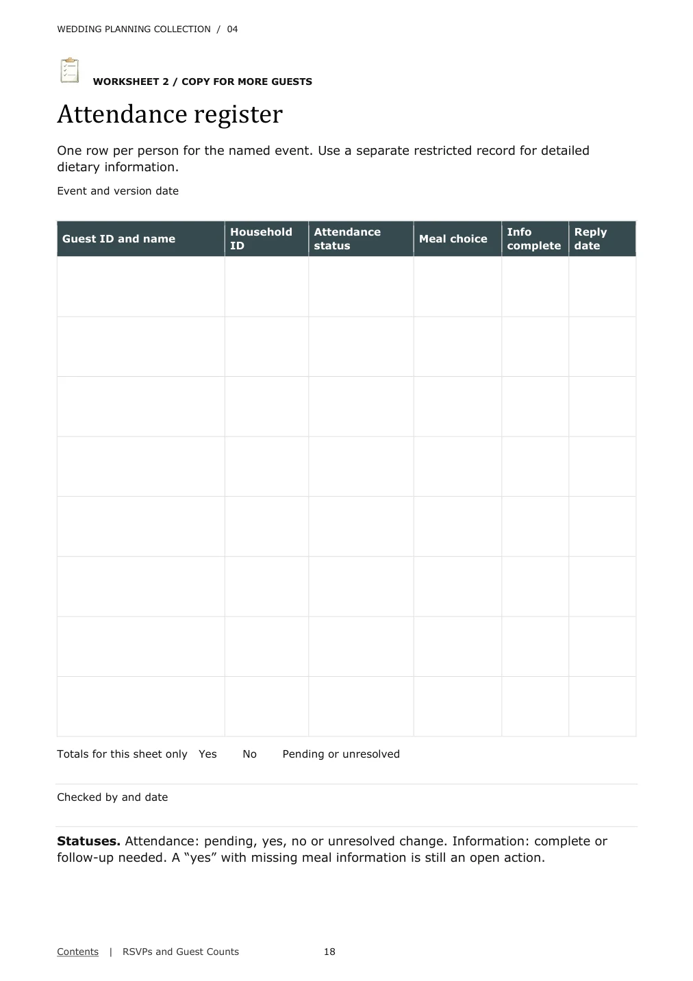 Actual attendance register worksheet from the RSVP guide
