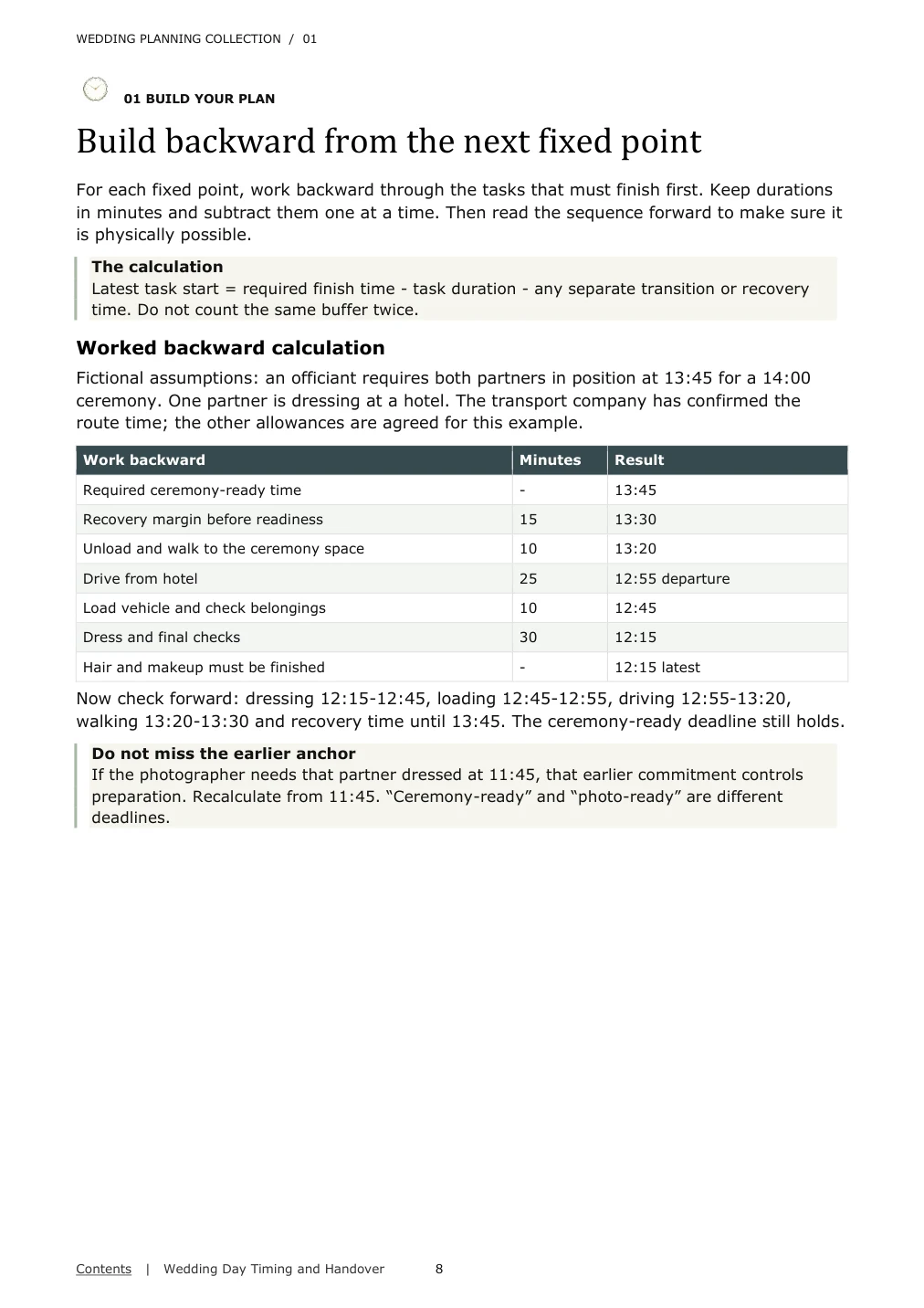 Actual sample page 1 from Wedding Day Timing and Handover