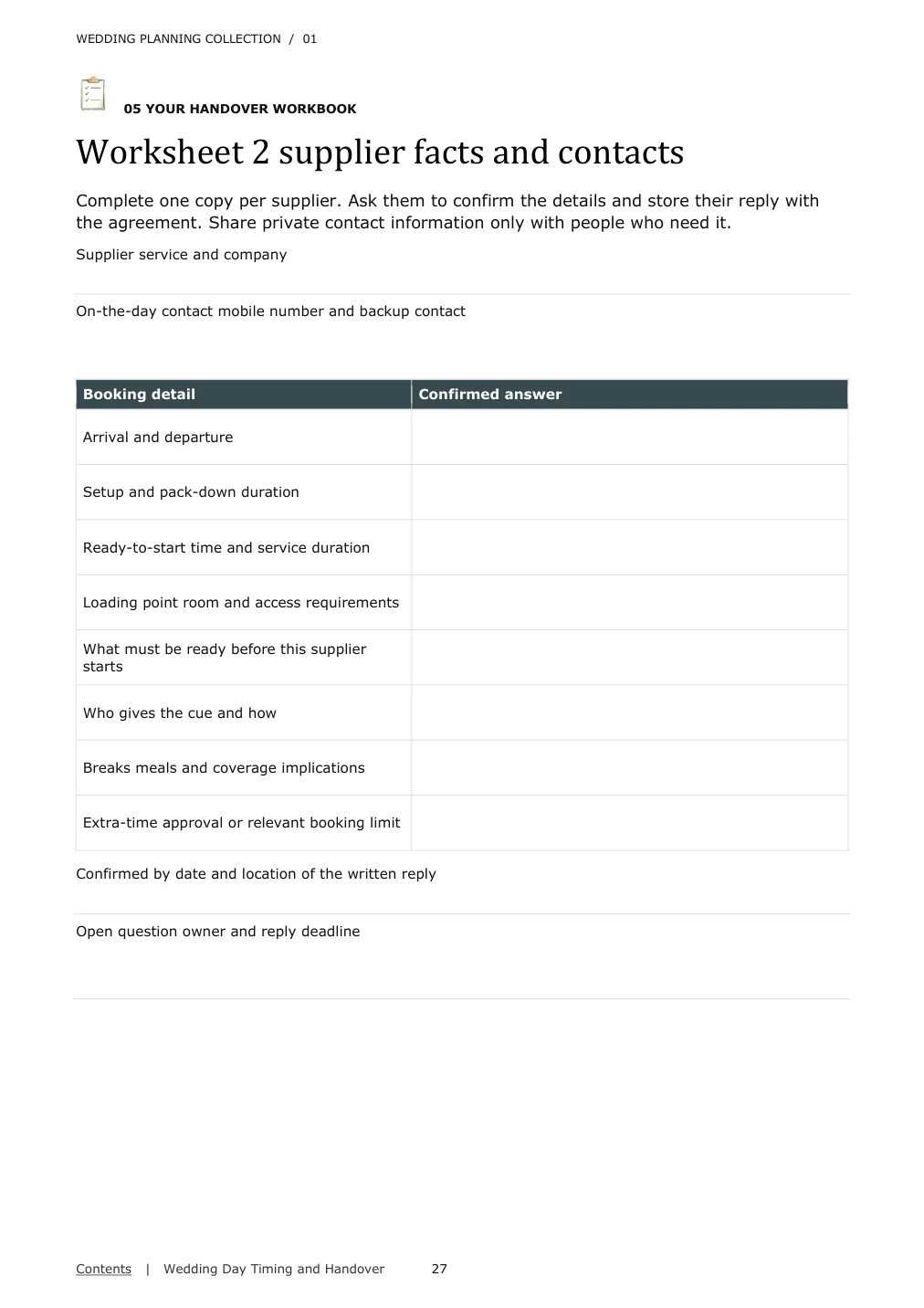 Actual sample page 2 from Wedding Day Timing and Handover